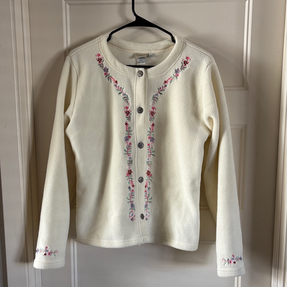 L.L. Bean Cream Cardigan with Floral Embroidery